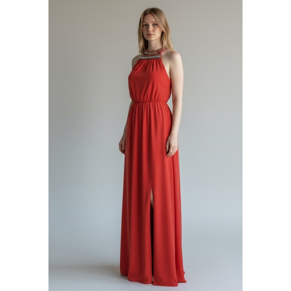Charlie Jade Orange 100% Silk Beaded Halter Maxi Dress Side Slit C2324-ORG NEW - Picture 2 of 9
